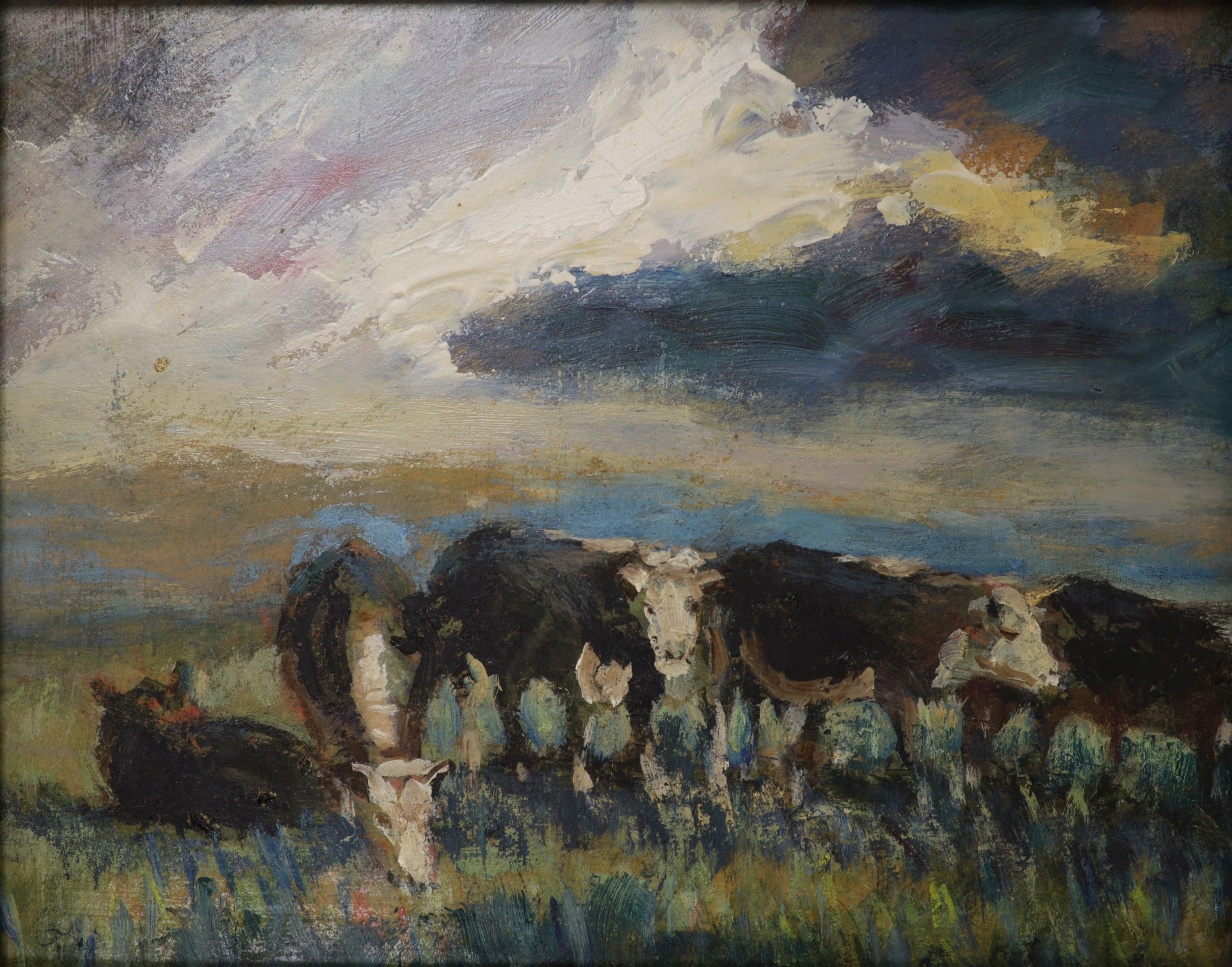 George Manchester (1922-1996), oil on card, cattle grazing, initialled with artists label verso, 20 x 25cm.